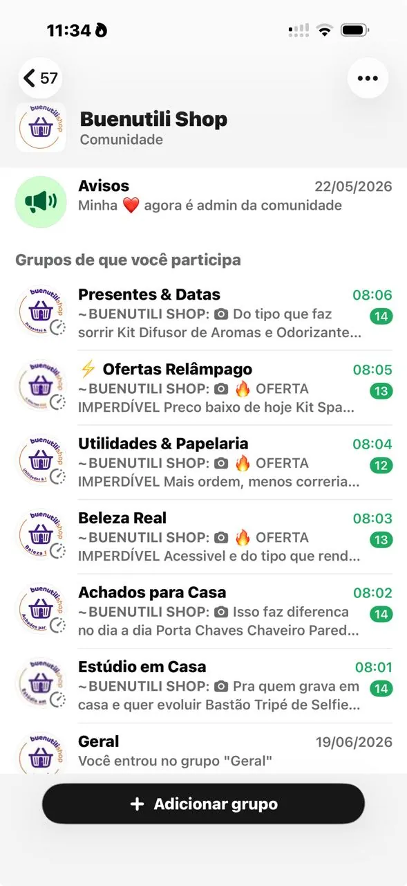 Comunidade do WhatsApp com todos os grupos recebendo ofertas automaticamente no horário programado